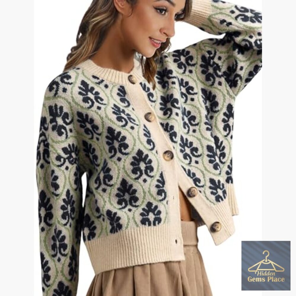 Floral Cardigan Sweater Open Front Long Sleeve Button Down Knit Vintage - Picture 6 of 7